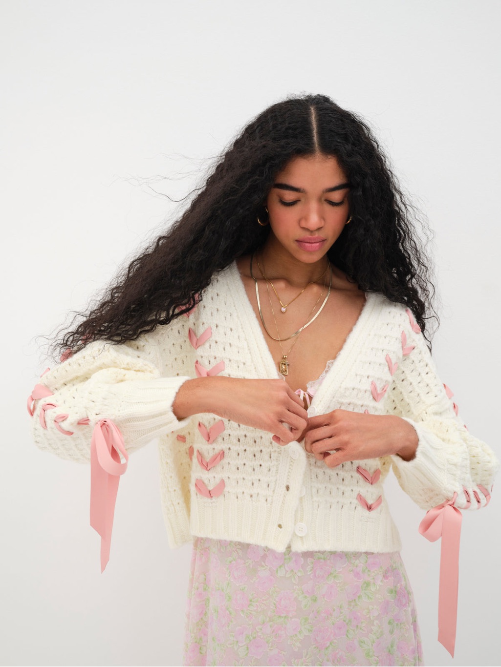 For Love And Lemons Cream Cropped Cardigan With Pink Ribbon Accents